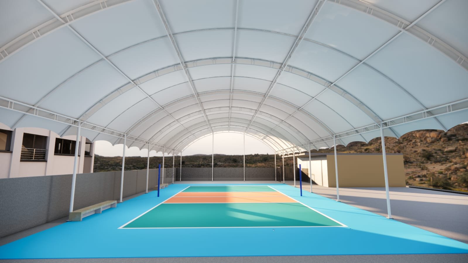 Atap Lapangan Padel Modern Dengan Membrane Kuat Elegan